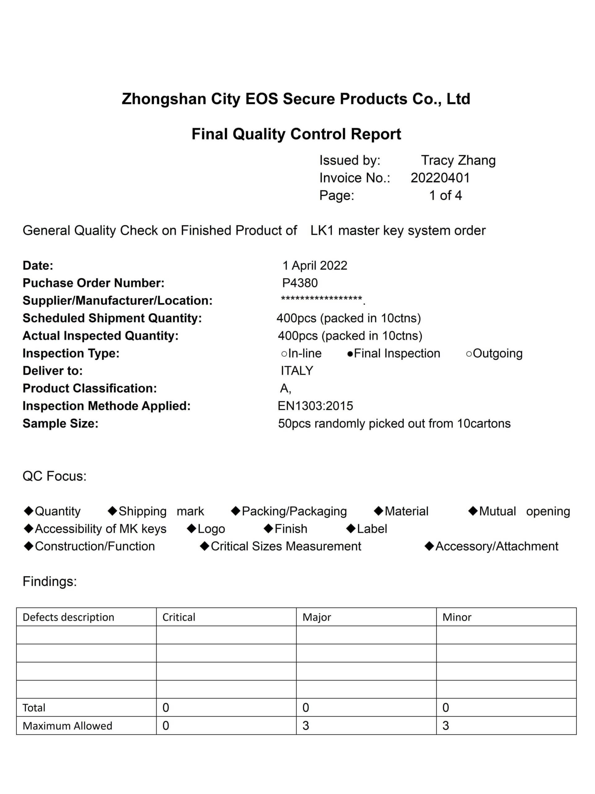 eos lock cylinder quality check report